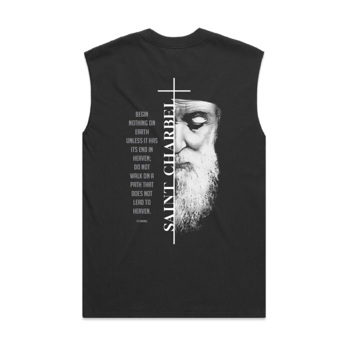 HMFT106-Black-Faded-Tank-Back ST CHARBEL MIRACLE MONK OF LEBANON (FADED) TANK - Image 1